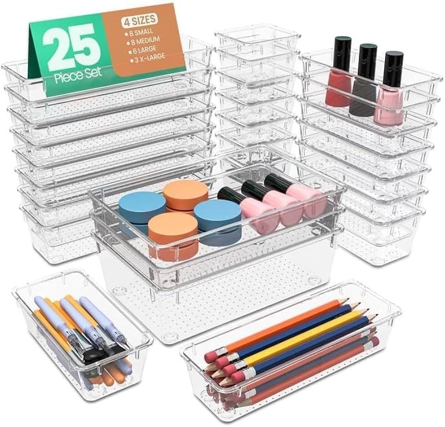 25-Piece Clear Storage Tray Set – Drawer Organizers for Makeup, Kitchen, Desk & Home Storage
