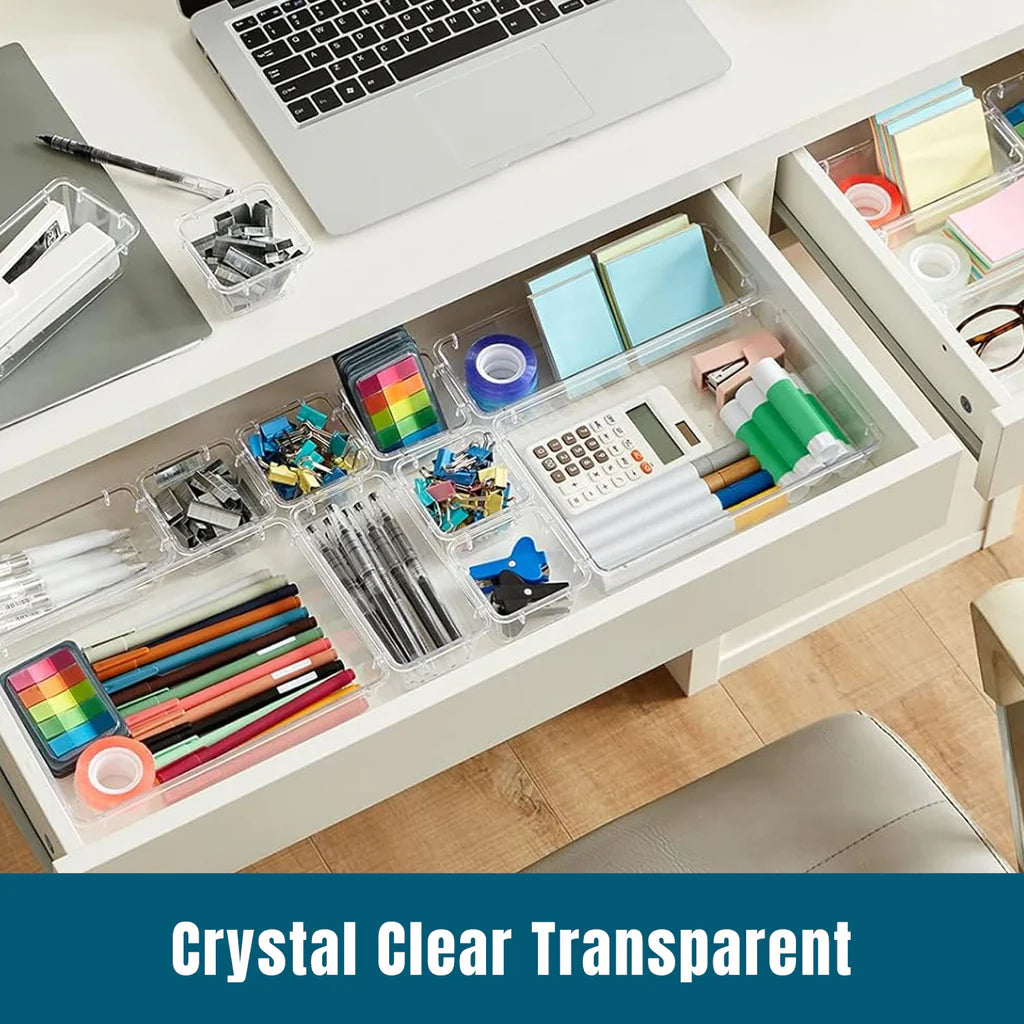 25-Piece Clear Storage Tray Set – Drawer Organizers for Makeup, Kitchen, Desk & Home Storage