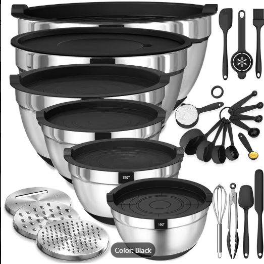 26-Piece Stainless Steel Mixing Bowls Set with Airtight Lids & Grater Attachments