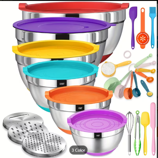 26-Piece Stainless Steel Mixing Bowls Set with Airtight Lids & Grater Attachments