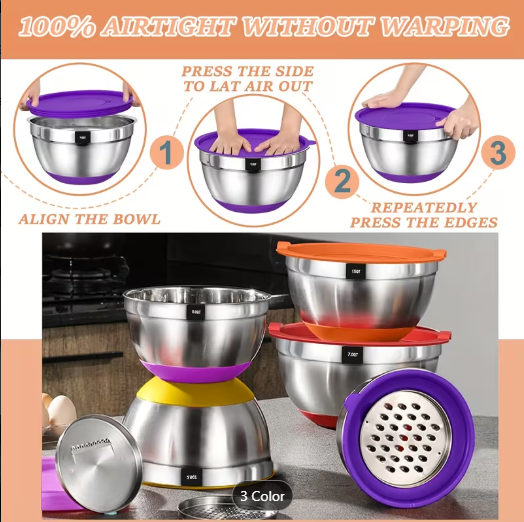 26-Piece Stainless Steel Mixing Bowls Set with Airtight Lids & Grater Attachments