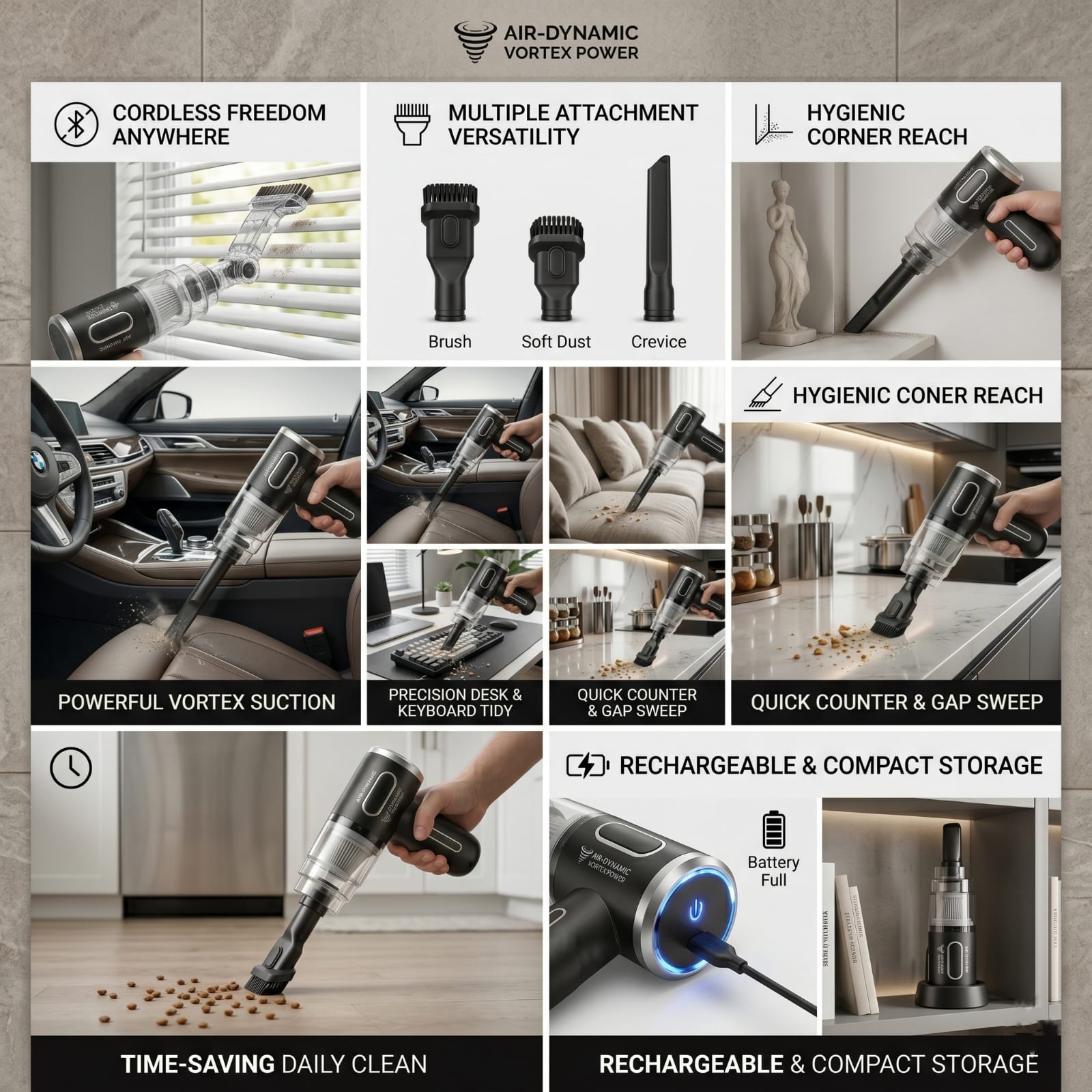 Portable Cordless Handheld Vacuum Cleaner | Powerful Wireless Vacuum Vortex Suction for Car, Home & Office