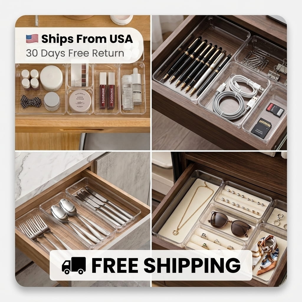 25-Piece Clear Storage Tray Set – Drawer Organizers for Makeup, Kitchen, Desk & Home Storage